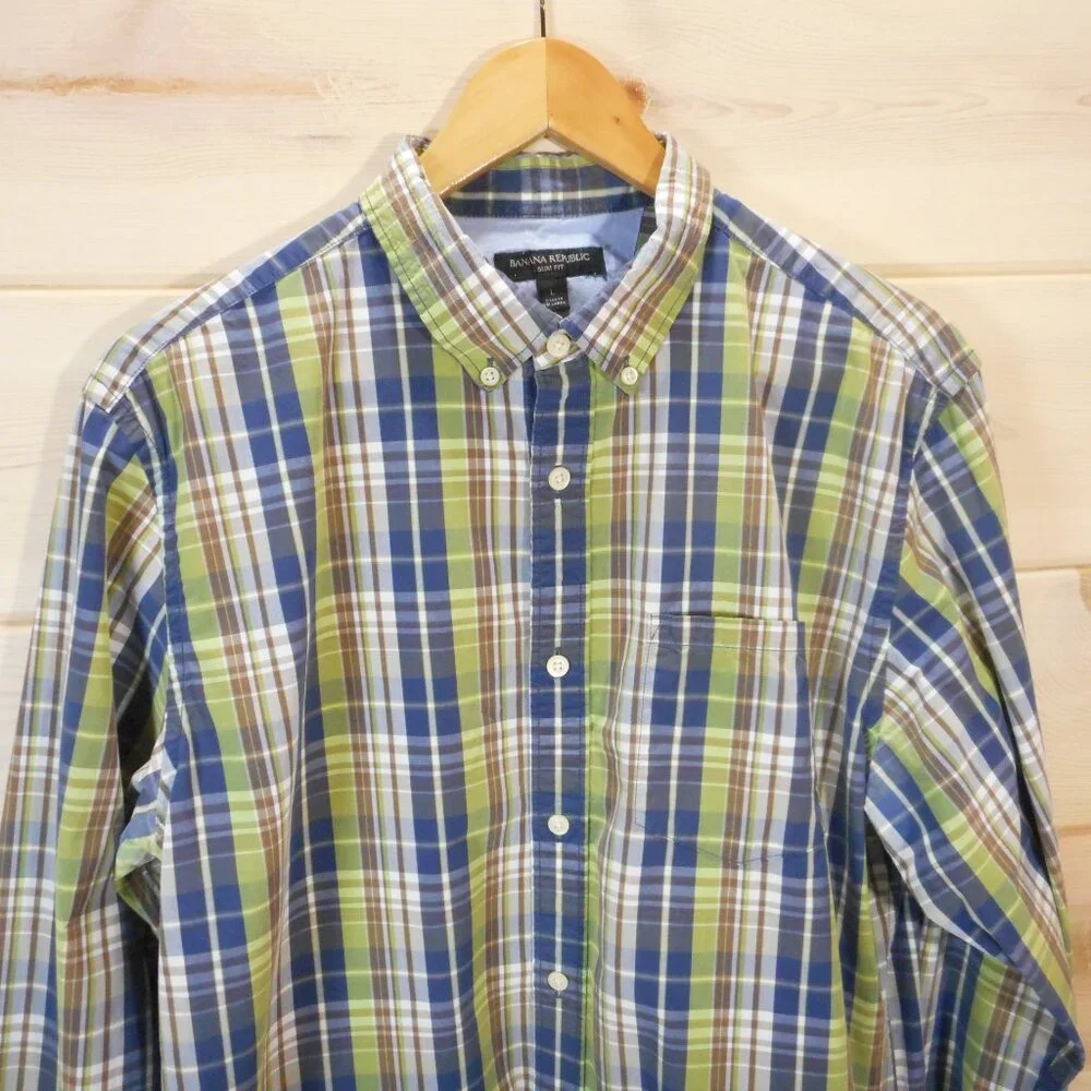 Banana Republic Men's L Slim Fit Plaid Button-up Shirt Blue Green Button-down